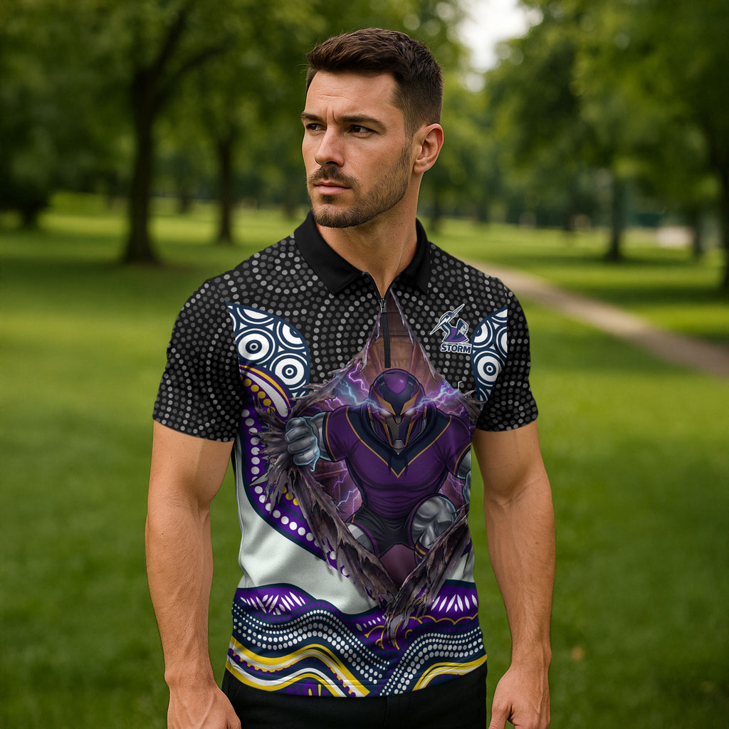 Melbourne Storm Zipper Polo Shirt The Scream of Lightning Eyes - Indigenous Dot Ripping Effect