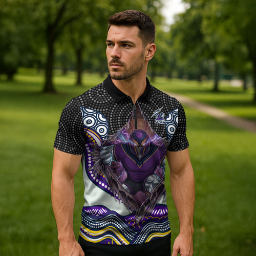 Melbourne Storm Zipper Polo Shirt The Scream of Lightning Eyes - Indigenous Dot Ripping Effect