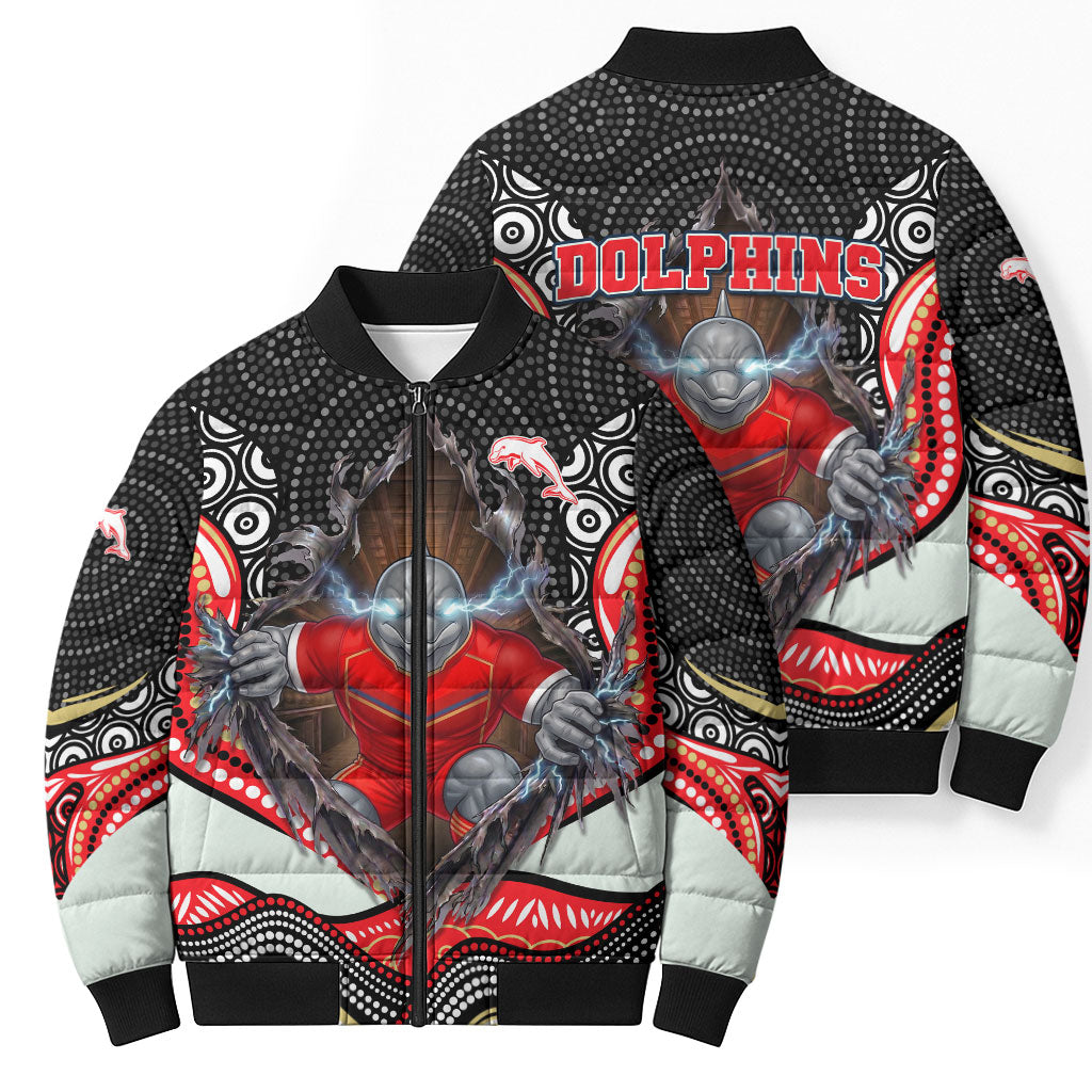 Dolphins Bomber Puffer Jacket The Scream of Lightning Eyes - Indigenous Dot Ripping Effect