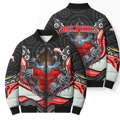 Dolphins Bomber Puffer Jacket The Scream of Lightning Eyes - Indigenous Dot Ripping Effect