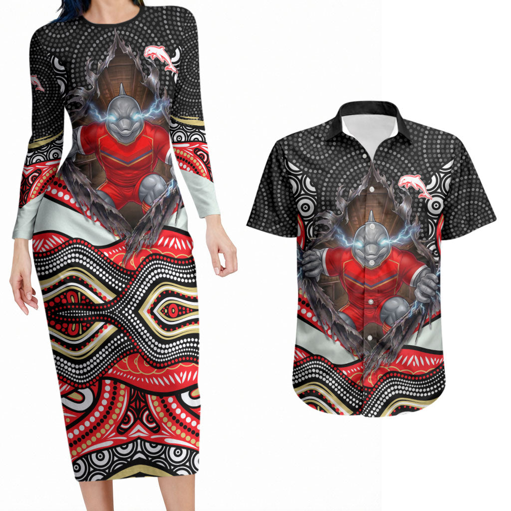 Dolphins Couples Matching Long Sleeve Bodycon Dress and Hawaiian Shirt The Scream of Lightning Eyes - Indigenous Dot Ripping Effect