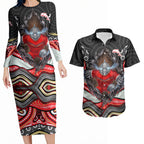Dolphins Couples Matching Long Sleeve Bodycon Dress and Hawaiian Shirt The Scream of Lightning Eyes - Indigenous Dot Ripping Effect