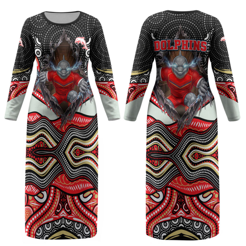 Dolphins Couples Matching Long Sleeve Bodycon Dress and Hawaiian Shirt The Scream of Lightning Eyes - Indigenous Dot Ripping Effect