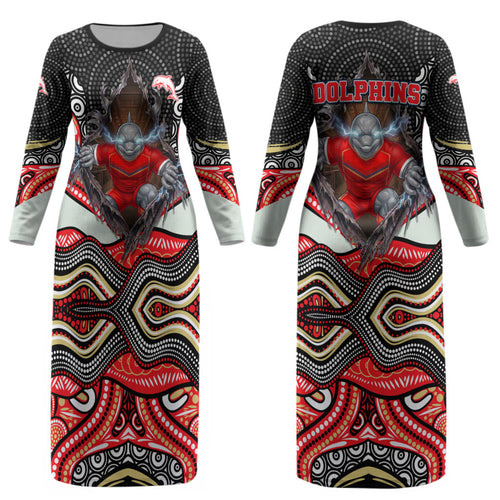 Dolphins Couples Matching Long Sleeve Bodycon Dress and Hawaiian Shirt The Scream of Lightning Eyes - Indigenous Dot Ripping Effect