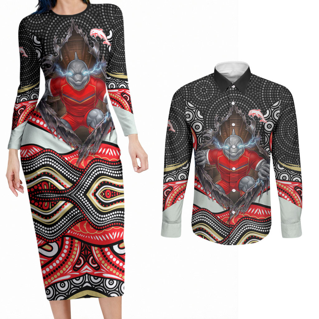 Dolphins Couples Matching Long Sleeve Bodycon Dress and Long Sleeve Button Shirt The Scream of Lightning Eyes - Indigenous Dot Ripping Effect