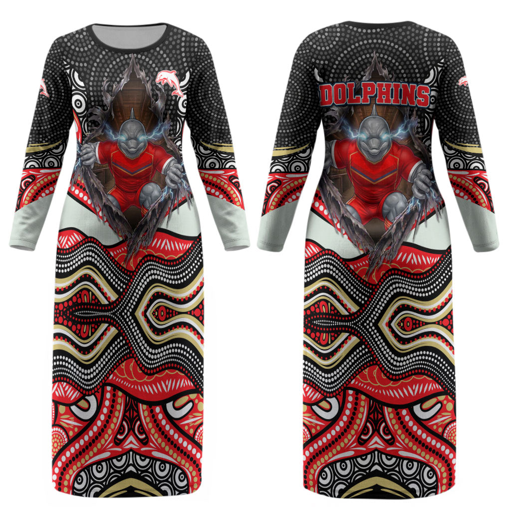 Dolphins Couples Matching Long Sleeve Bodycon Dress and Long Sleeve Button Shirt The Scream of Lightning Eyes - Indigenous Dot Ripping Effect