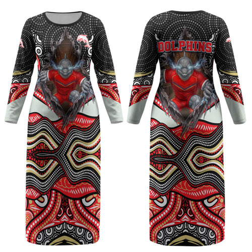 Dolphins Couples Matching Long Sleeve Bodycon Dress and Long Sleeve Button Shirt The Scream of Lightning Eyes - Indigenous Dot Ripping Effect