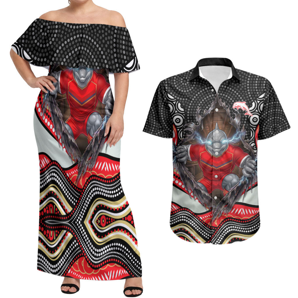 Dolphins Couples Matching Off Shoulder Maxi Dress and Hawaiian Shirt The Scream of Lightning Eyes - Indigenous Dot Ripping Effect