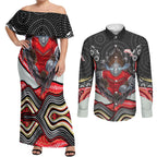 Dolphins Couples Matching Off Shoulder Maxi Dress and Long Sleeve Button Shirt The Scream of Lightning Eyes - Indigenous Dot Ripping Effect
