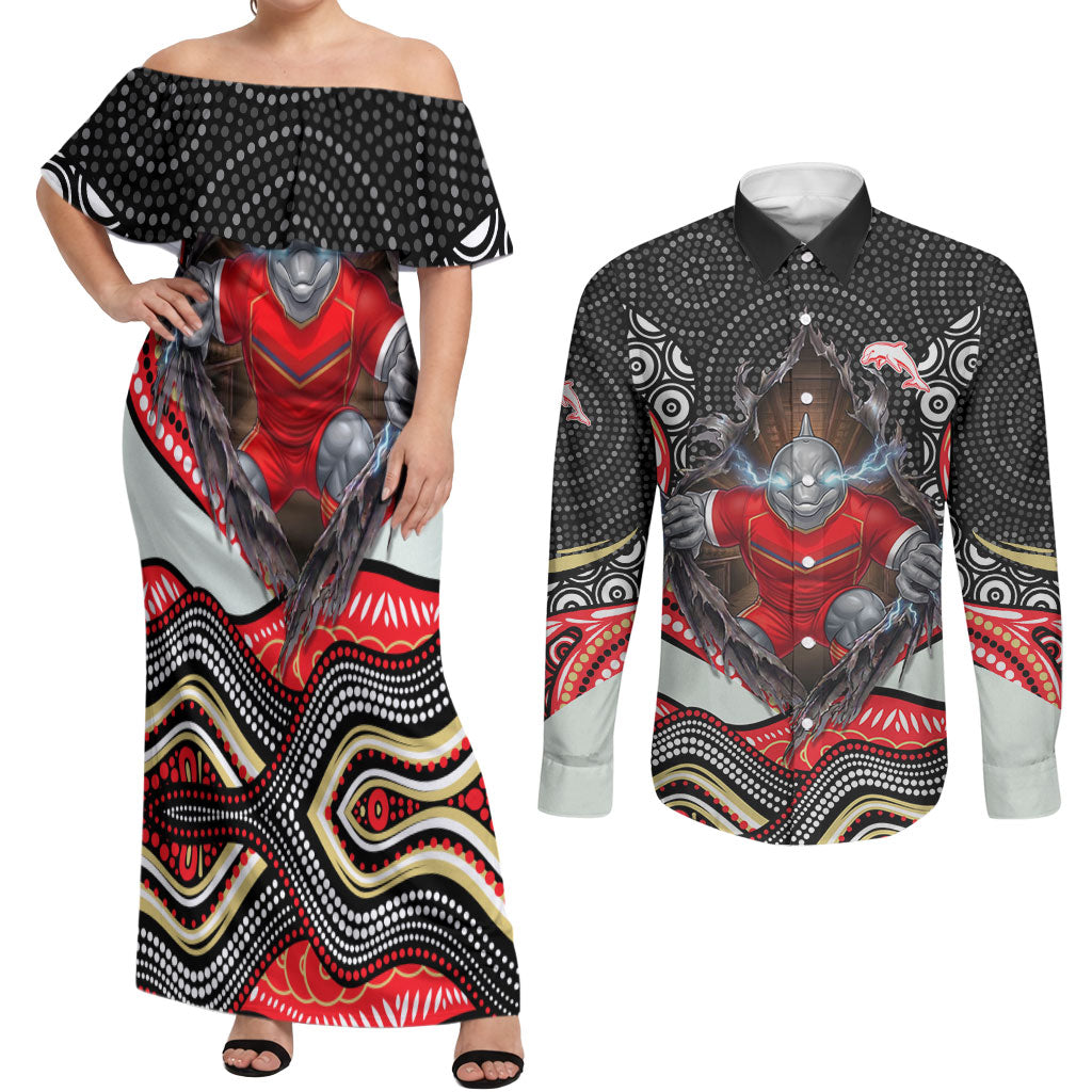Dolphins Couples Matching Off Shoulder Maxi Dress and Long Sleeve Button Shirt The Scream of Lightning Eyes - Indigenous Dot Ripping Effect