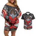 Dolphins Couples Matching Off Shoulder Short Dress and Hawaiian Shirt The Scream of Lightning Eyes - Indigenous Dot Ripping Effect
