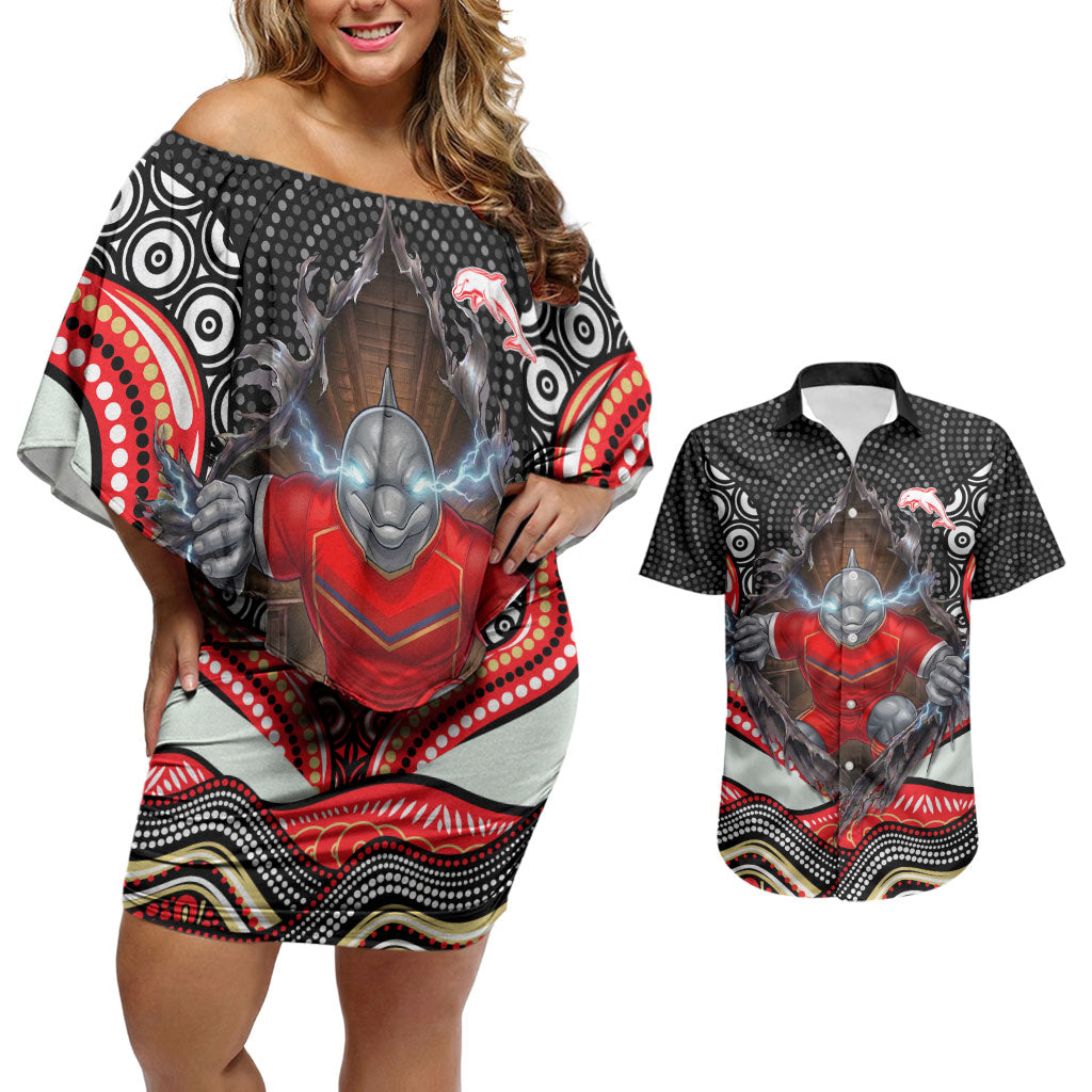 Dolphins Couples Matching Off Shoulder Short Dress and Hawaiian Shirt The Scream of Lightning Eyes - Indigenous Dot Ripping Effect