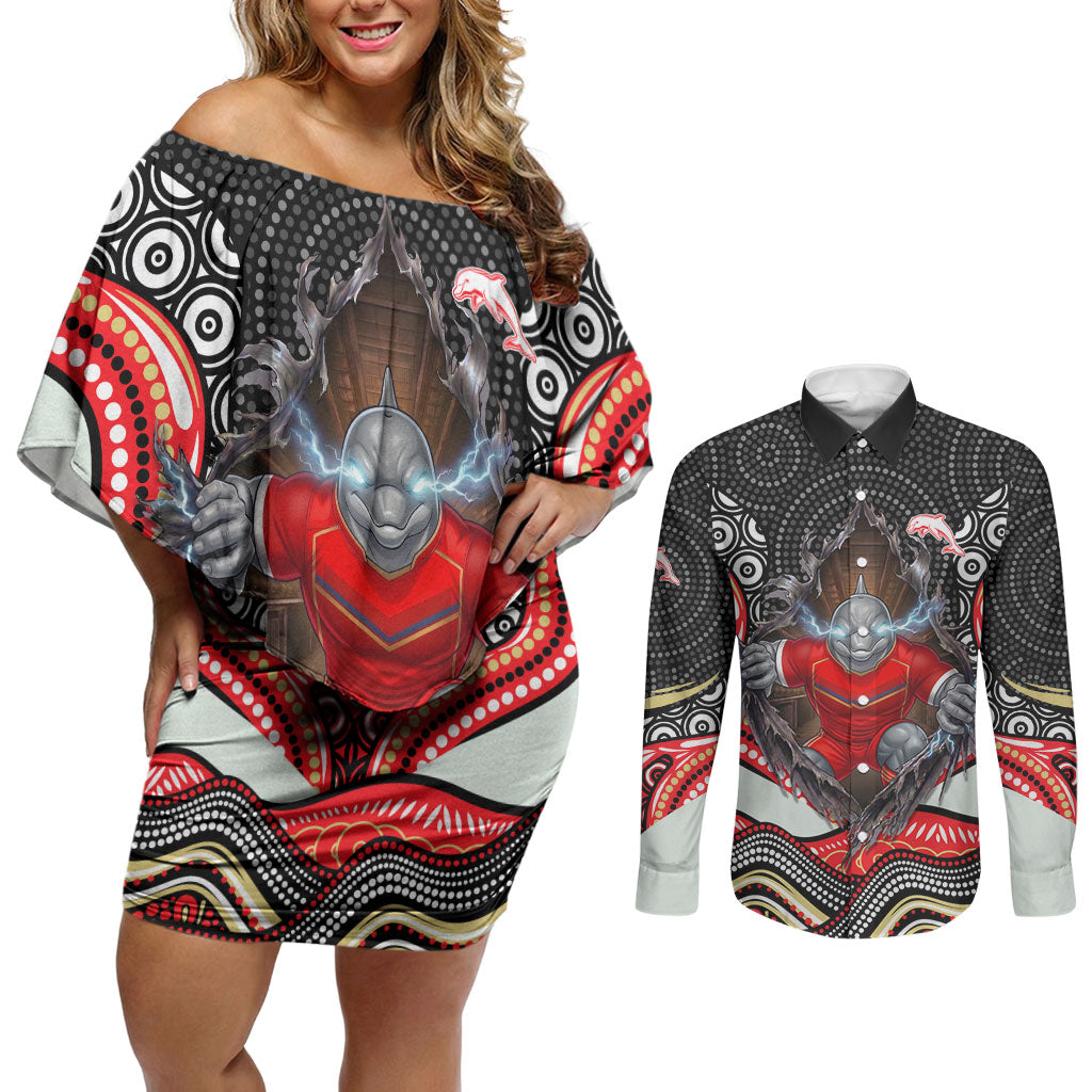 Dolphins Couples Matching Off Shoulder Short Dress and Long Sleeve Button Shirt The Scream of Lightning Eyes - Indigenous Dot Ripping Effect