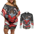 Dolphins Couples Matching Off Shoulder Short Dress and Long Sleeve Button Shirt The Scream of Lightning Eyes - Indigenous Dot Ripping Effect