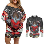 Dolphins Couples Matching Off Shoulder Short Dress and Long Sleeve Button Shirt The Scream of Lightning Eyes - Indigenous Dot Ripping Effect