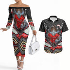 Dolphins Couples Matching Off The Shoulder Long Sleeve Dress and Hawaiian Shirt The Scream of Lightning Eyes - Indigenous Dot Ripping Effect