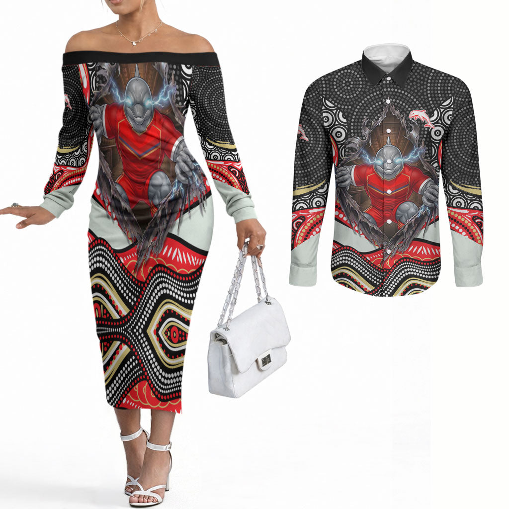 Dolphins Couples Matching Off The Shoulder Long Sleeve Dress and Long Sleeve Button Shirt The Scream of Lightning Eyes - Indigenous Dot Ripping Effect