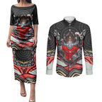 Dolphins Couples Matching Puletasi and Long Sleeve Button Shirt The Scream of Lightning Eyes - Indigenous Dot Ripping Effect