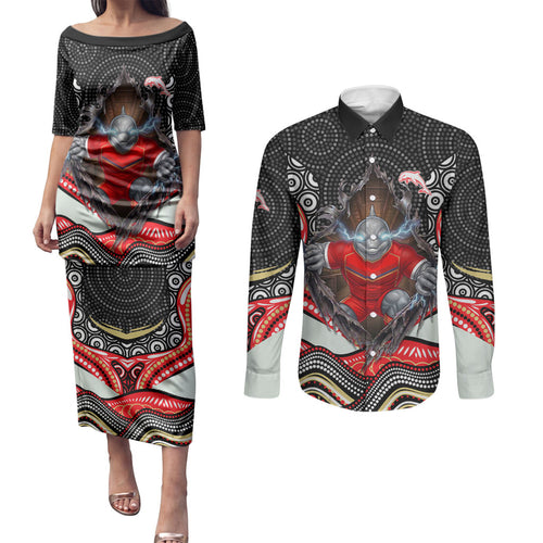 Dolphins Couples Matching Puletasi and Long Sleeve Button Shirt The Scream of Lightning Eyes - Indigenous Dot Ripping Effect