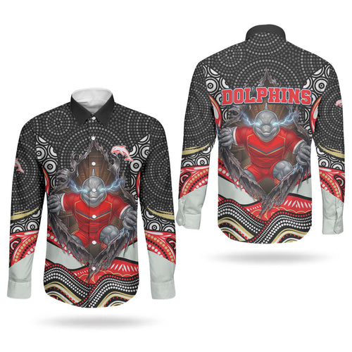 Dolphins Couples Matching Puletasi and Long Sleeve Button Shirt The Scream of Lightning Eyes - Indigenous Dot Ripping Effect