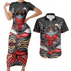 Dolphins Couples Matching Short Sleeve Bodycon Dress and Hawaiian Shirt The Scream of Lightning Eyes - Indigenous Dot Ripping Effect