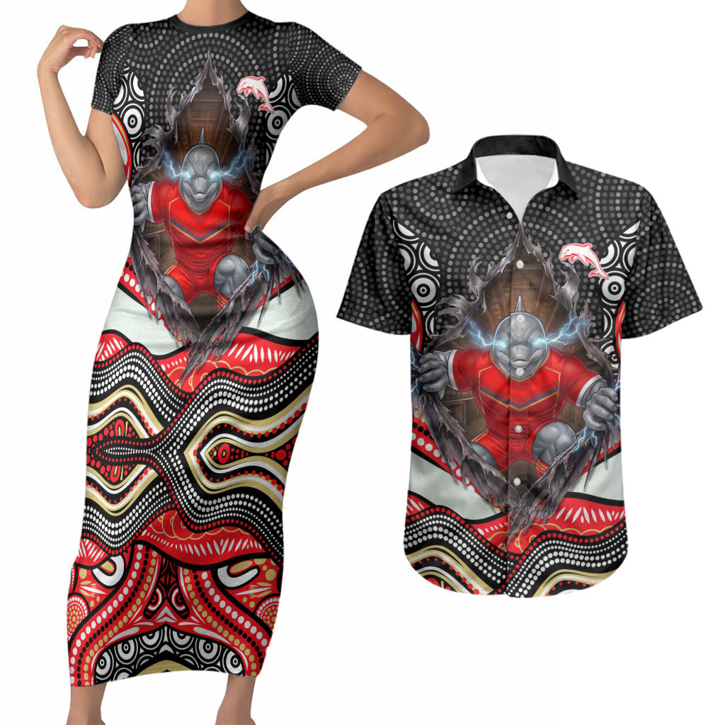 Dolphins Couples Matching Short Sleeve Bodycon Dress and Hawaiian Shirt The Scream of Lightning Eyes - Indigenous Dot Ripping Effect