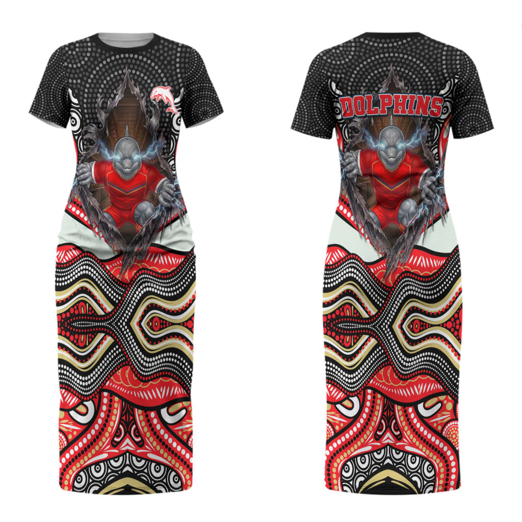Dolphins Couples Matching Short Sleeve Bodycon Dress and Hawaiian Shirt The Scream of Lightning Eyes - Indigenous Dot Ripping Effect