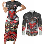 Dolphins Couples Matching Short Sleeve Bodycon Dress and Long Sleeve Button Shirt The Scream of Lightning Eyes - Indigenous Dot Ripping Effect