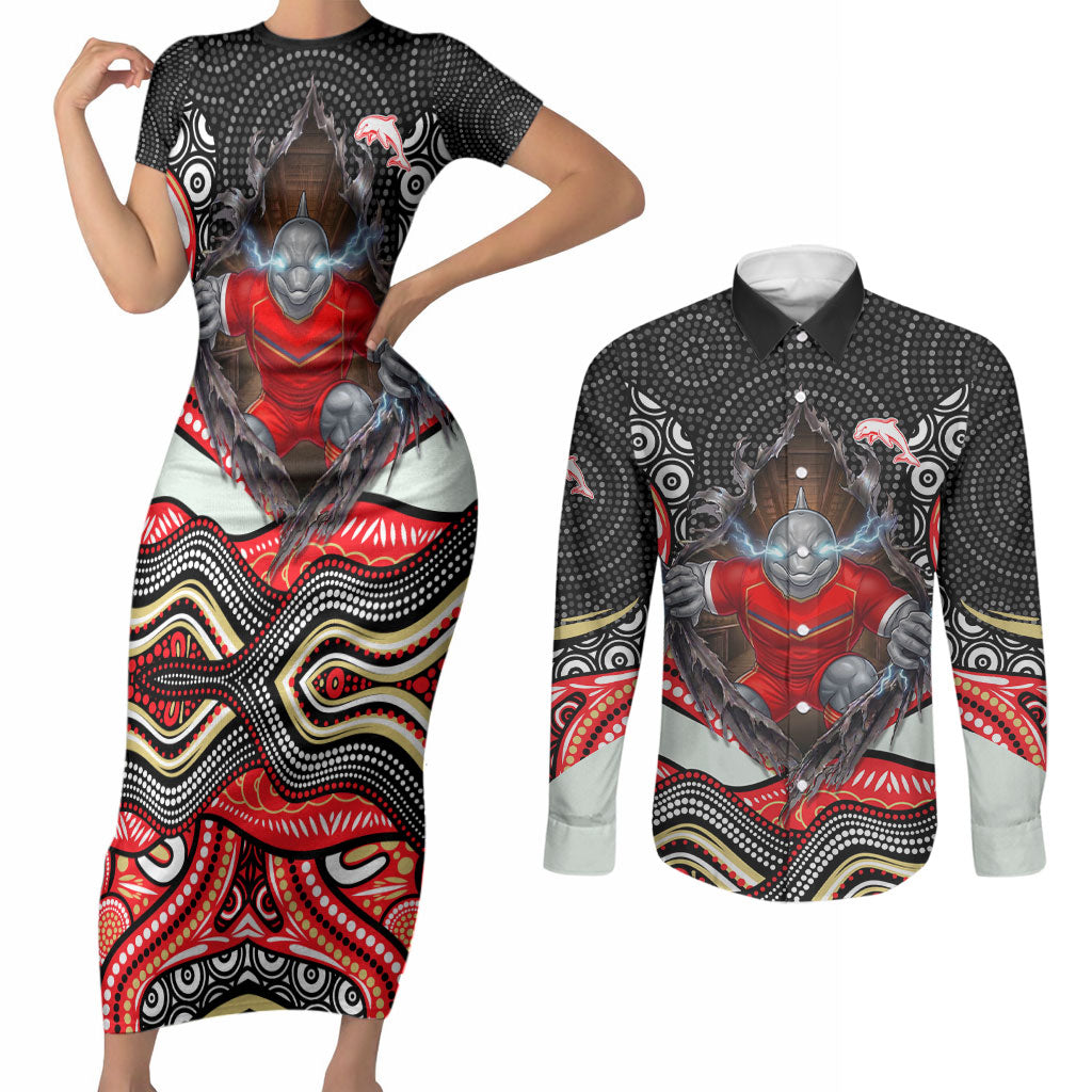 Dolphins Couples Matching Short Sleeve Bodycon Dress and Long Sleeve Button Shirt The Scream of Lightning Eyes - Indigenous Dot Ripping Effect