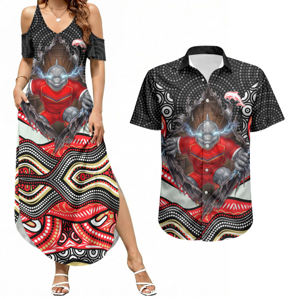 Dolphins Couples Matching Summer Maxi Dress and Hawaiian Shirt The Scream of Lightning Eyes - Indigenous Dot Ripping Effect