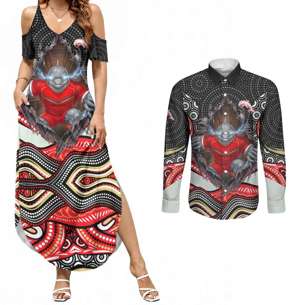 Dolphins Couples Matching Summer Maxi Dress and Long Sleeve Button Shirt The Scream of Lightning Eyes - Indigenous Dot Ripping Effect