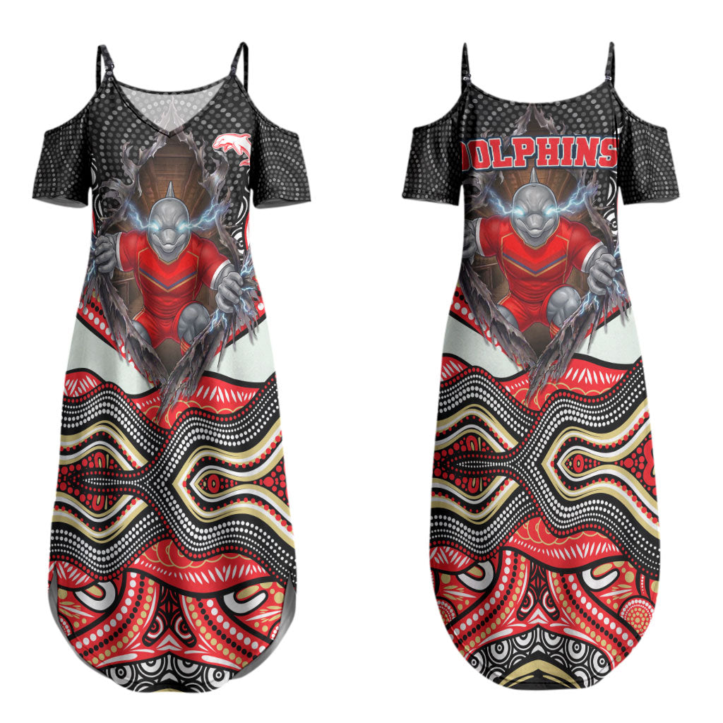 Dolphins Couples Matching Summer Maxi Dress and Long Sleeve Button Shirt The Scream of Lightning Eyes - Indigenous Dot Ripping Effect