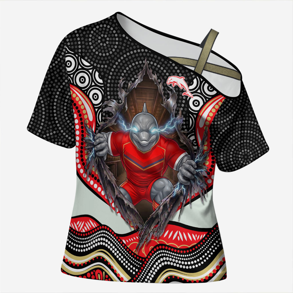 Dolphins Cross Shoulder Shirt The Scream of Lightning Eyes - Indigenous Dot Ripping Effect