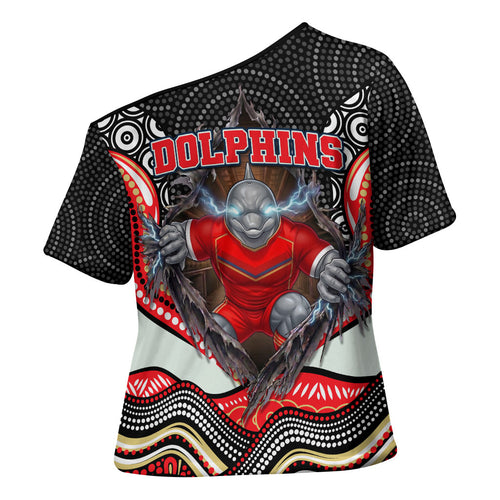 Dolphins Cross Shoulder Shirt The Scream of Lightning Eyes - Indigenous Dot Ripping Effect