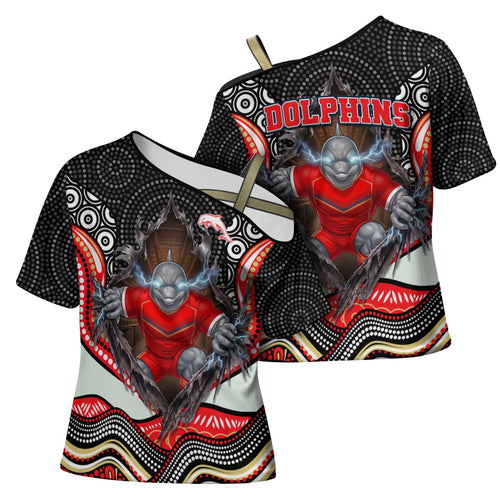 Dolphins Cross Shoulder Shirt The Scream of Lightning Eyes - Indigenous Dot Ripping Effect