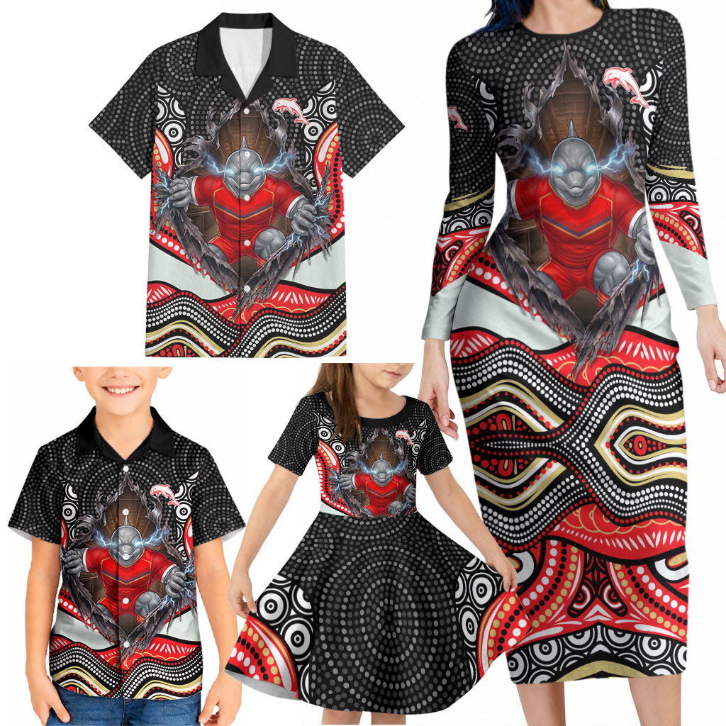 Dolphins Family Matching Long Sleeve Bodycon Dress and Hawaiian Shirt The Scream of Lightning Eyes - Indigenous Dot Ripping Effect