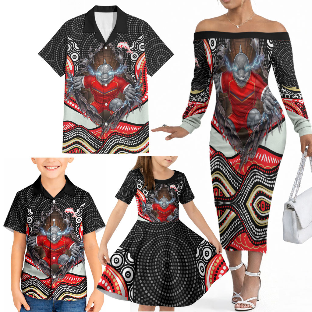 Dolphins Family Matching Off The Shoulder Long Sleeve Dress and Hawaiian Shirt The Scream of Lightning Eyes - Indigenous Dot Ripping Effect