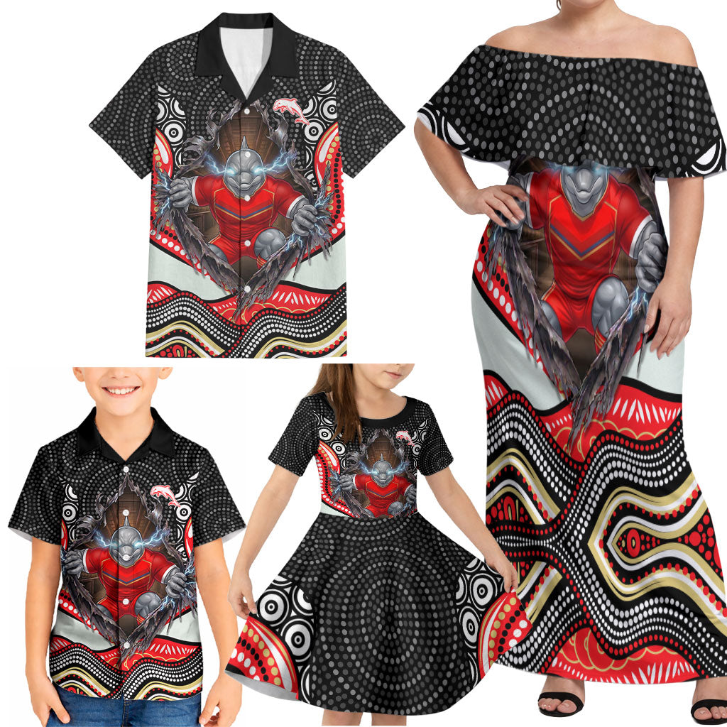 Dolphins Family Matching Off Shoulder Maxi Dress and Hawaiian Shirt The Scream of Lightning Eyes - Indigenous Dot Ripping Effect
