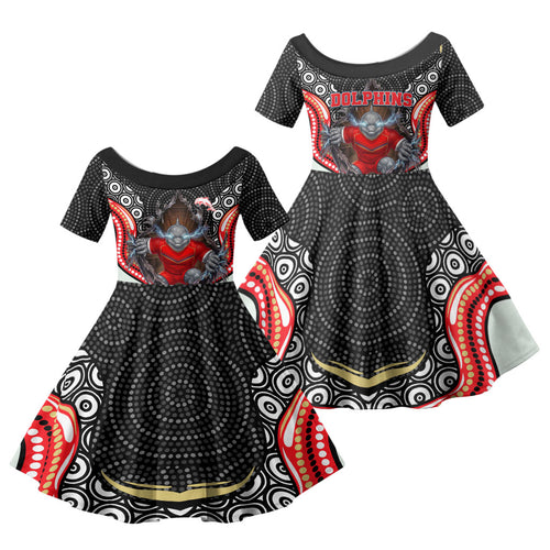 Dolphins Family Matching Off Shoulder Short Dress and Hawaiian Shirt The Scream of Lightning Eyes - Indigenous Dot Ripping Effect