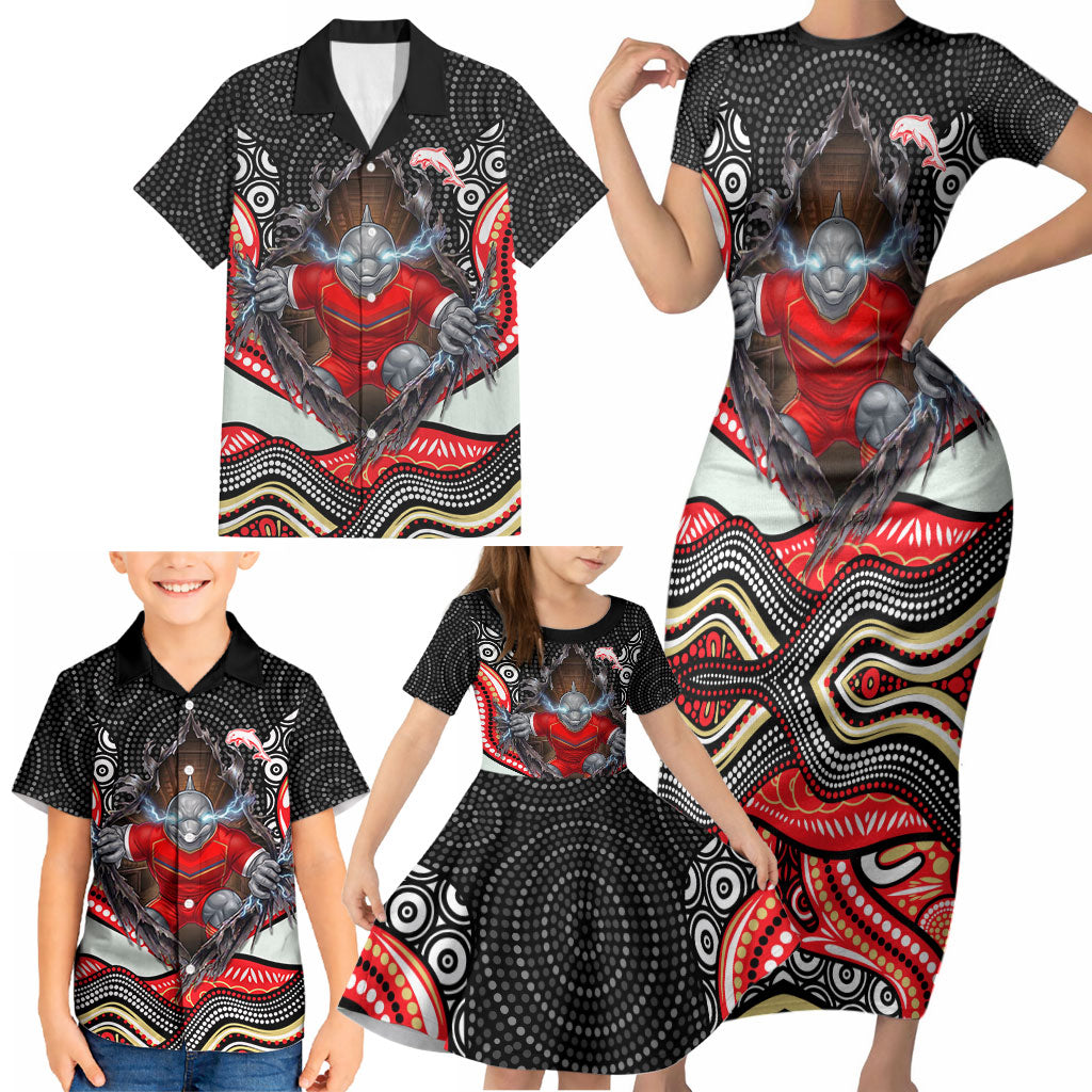 Dolphins Family Matching Short Sleeve Bodycon Dress and Hawaiian Shirt The Scream of Lightning Eyes - Indigenous Dot Ripping Effect