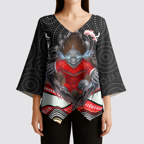 Dolphins Kimono Sleeve Blouse The Scream of Lightning Eyes - Indigenous Dot Ripping Effect