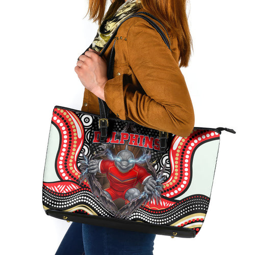 Dolphins Leather Tote Bag The Scream of Lightning Eyes - Indigenous Dot Ripping Effect