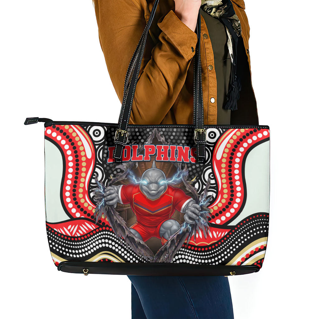 Dolphins Leather Tote Bag The Scream of Lightning Eyes - Indigenous Dot Ripping Effect