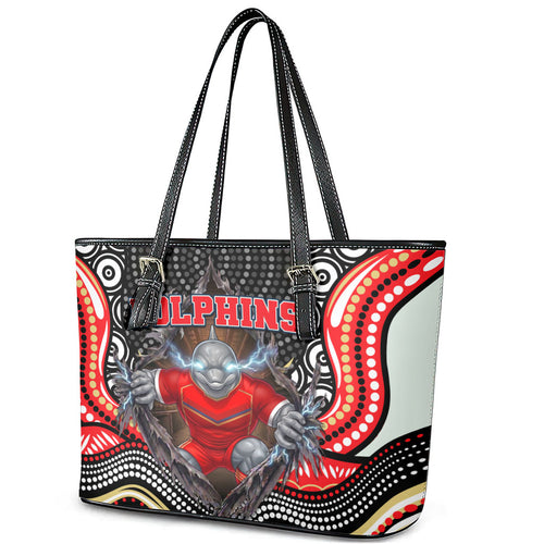 Dolphins Leather Tote Bag The Scream of Lightning Eyes - Indigenous Dot Ripping Effect