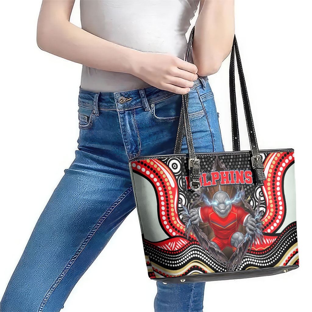 Dolphins Leather Tote Bag The Scream of Lightning Eyes - Indigenous Dot Ripping Effect
