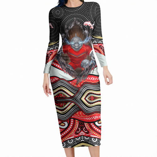 Dolphins Long Sleeve Bodycon Dress The Scream of Lightning Eyes - Indigenous Dot Ripping Effect