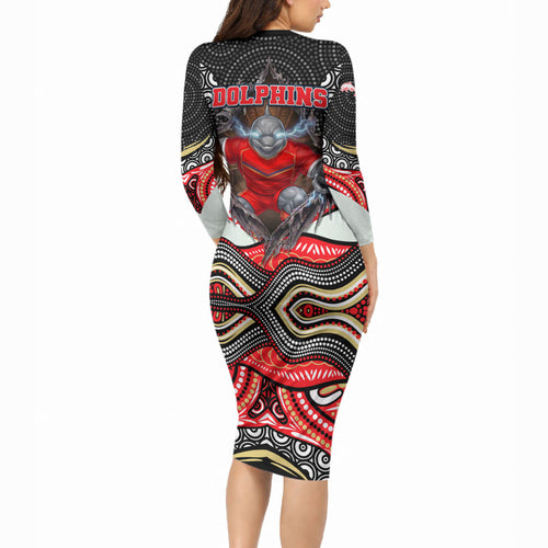 Dolphins Long Sleeve Bodycon Dress The Scream of Lightning Eyes - Indigenous Dot Ripping Effect