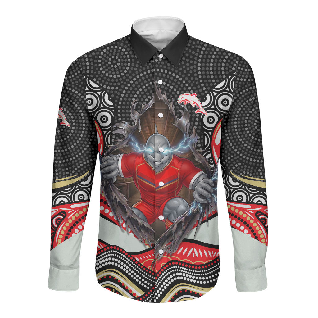 Dolphins Long Sleeve Button Shirt The Scream of Lightning Eyes - Indigenous Dot Ripping Effect