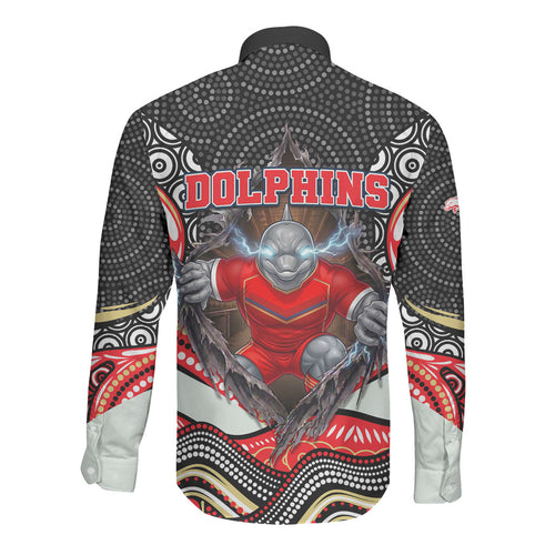 Dolphins Long Sleeve Button Shirt The Scream of Lightning Eyes - Indigenous Dot Ripping Effect