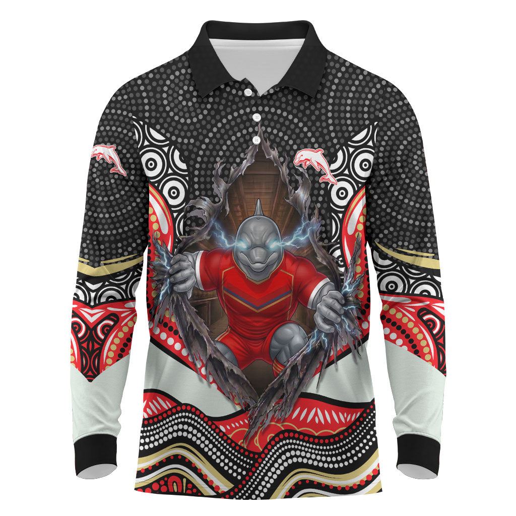 Dolphins Long Sleeve Polo Shirt The Scream of Lightning Eyes - Indigenous Dot Ripping Effect